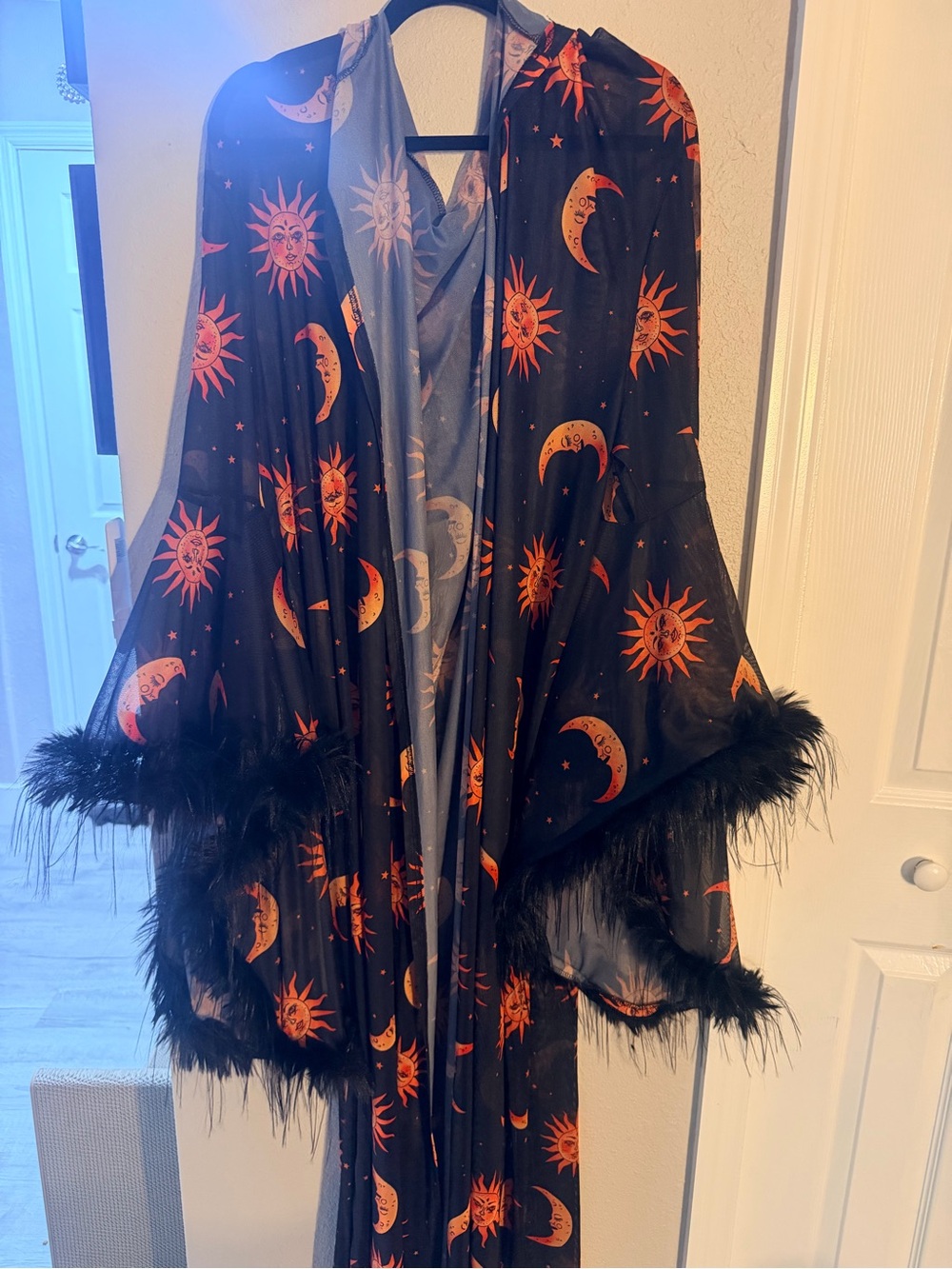 Black Sun & Moon Print Feather Trim Kimono Jacket